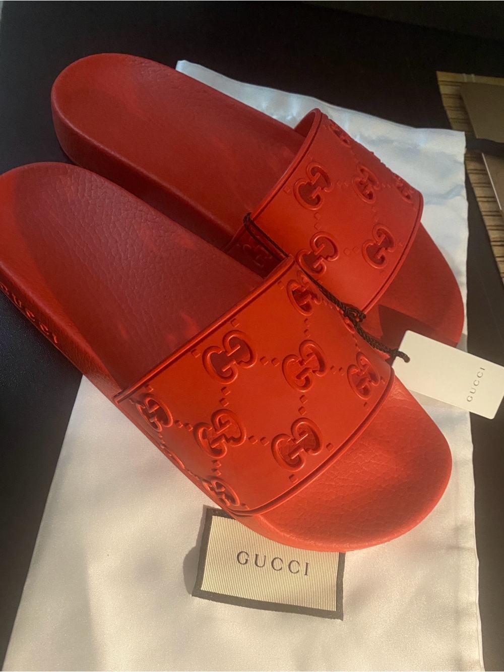 Gucci Red Embossed Logo Slide Sandals Men UK8/Women’s US 9.5